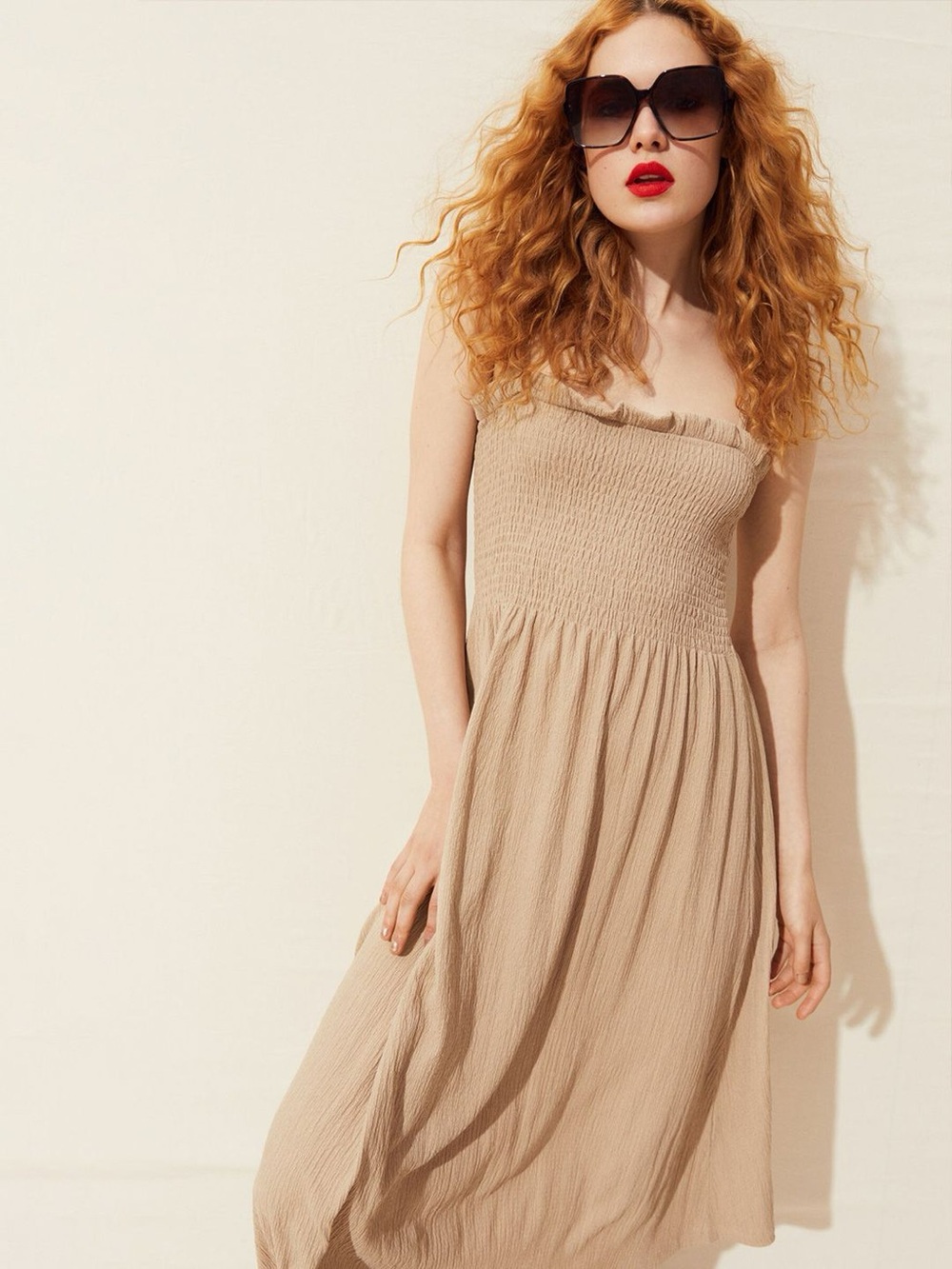 H&M Beige Smocked Midi Dress